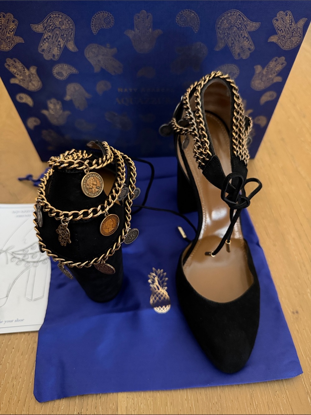 Aquazzura Black Suede Coin-Chain Ankle-Tie Pumps
